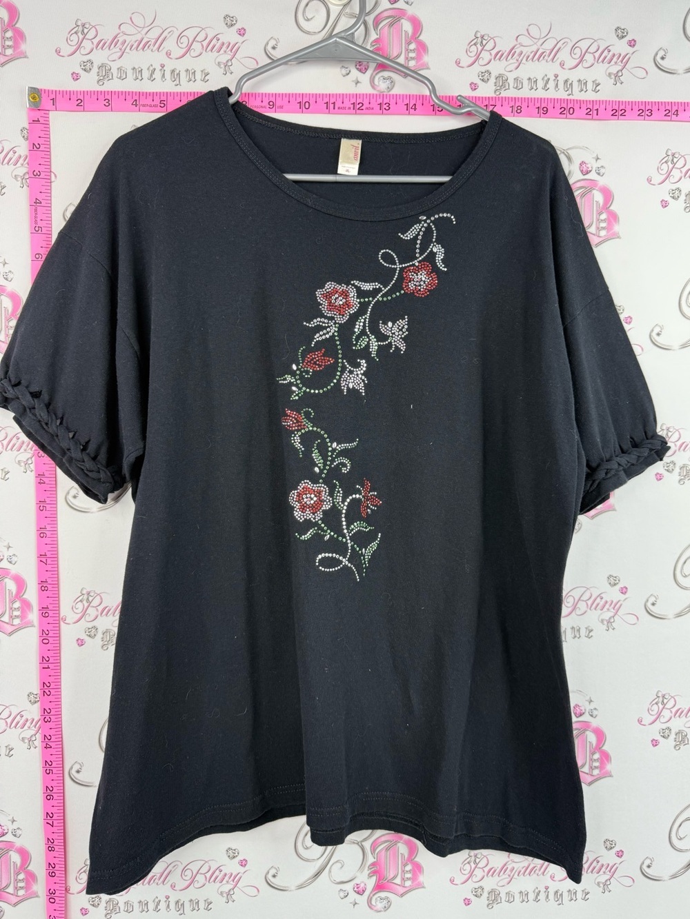 Anvil tshirt braided sleeve Black Short Sleeve Tee with Rhinestone Floral Accent